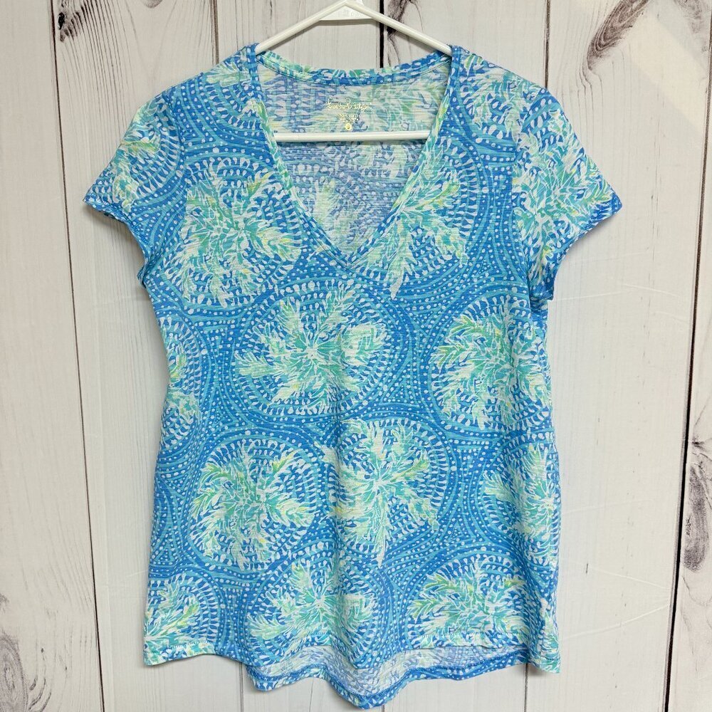 Lilly Pulitzer Etta V-Neck Women’s Small Blue‎ Green Print EUC